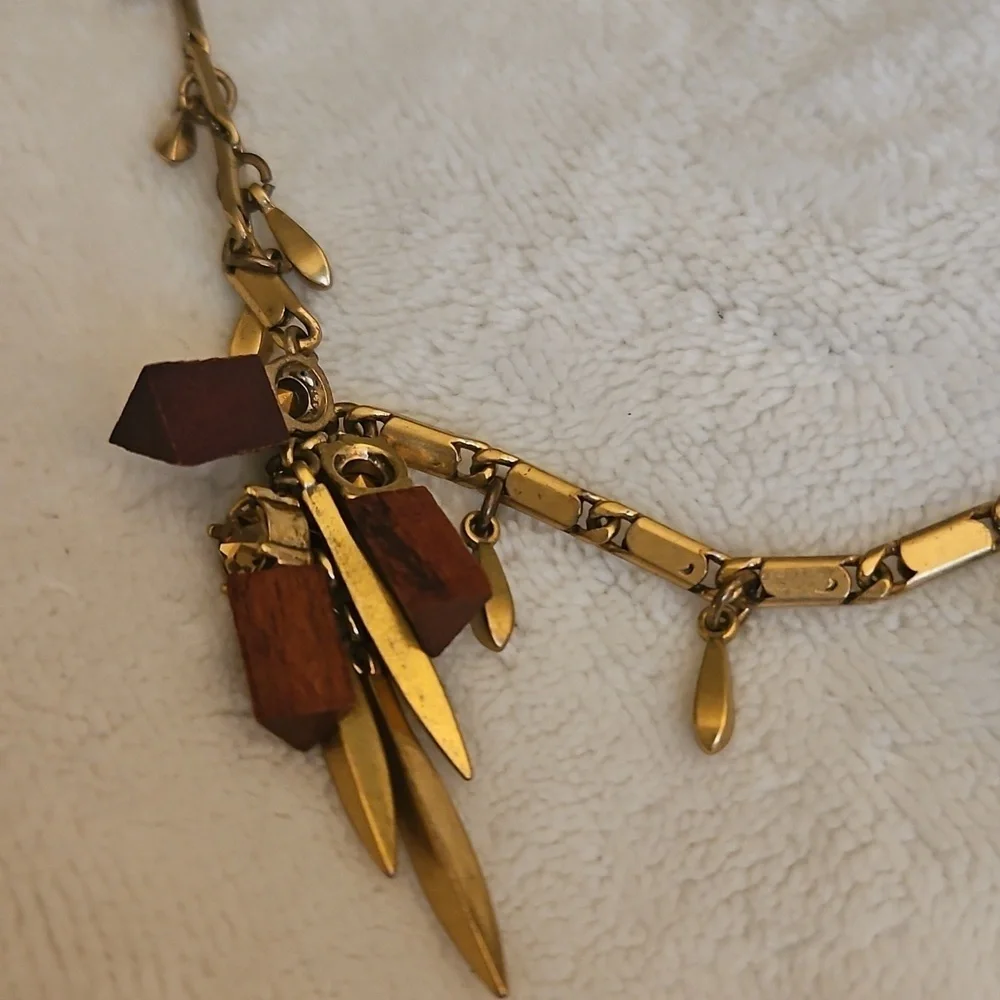 Vtg J. CREW Spike Wood Beaded Station Box Chain Sweater Necklace